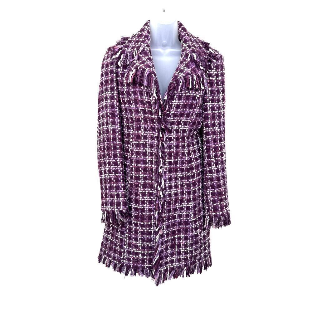 Bebe Vintage Silk Blend Tweed Fringe Trim Coat Purple White Y2K Size X Small